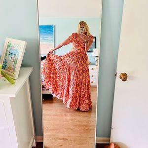 NEW Agua Bendita Azucar Mimosa Maxi Dress Pink Floral Cotton Long Gown Tiered L